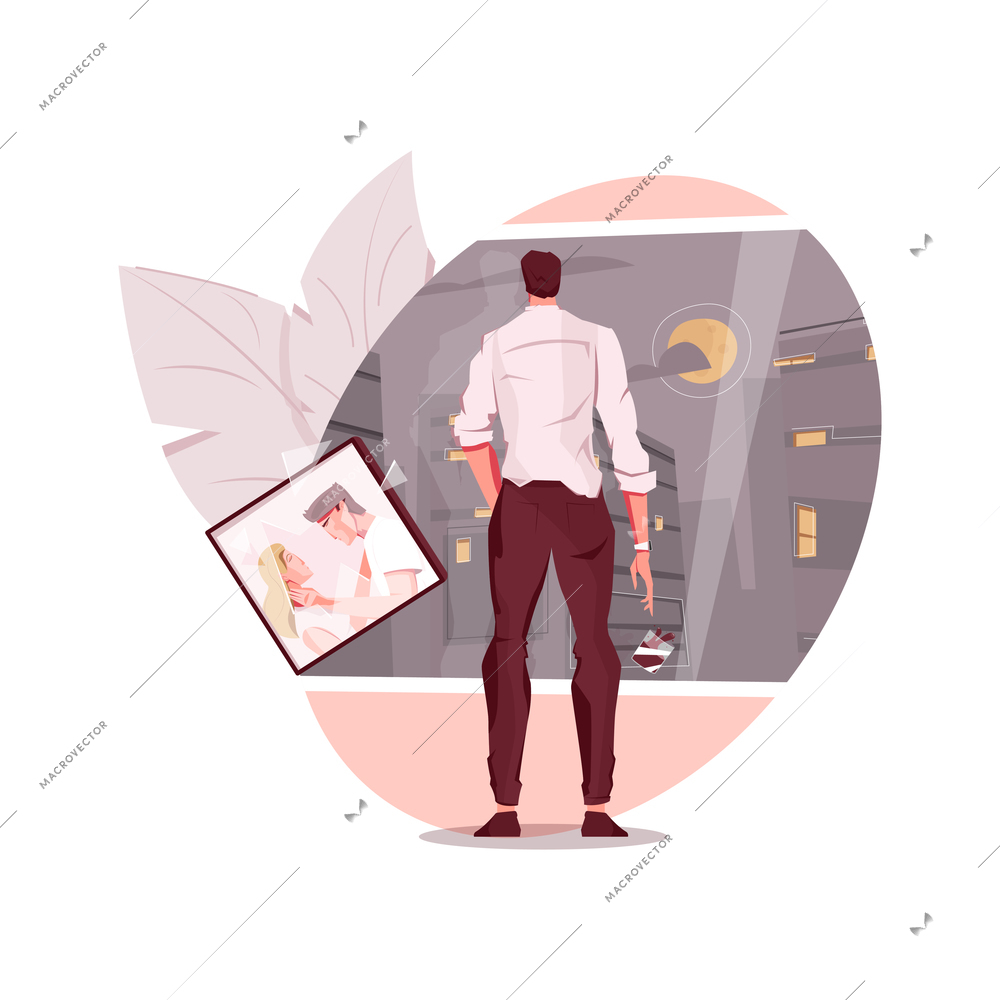 Man looking at window and photo of his love flat vector illustration