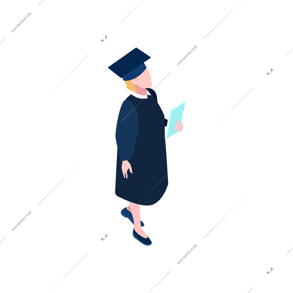 Graduating student character isometric icon on white background 3d vector illustration