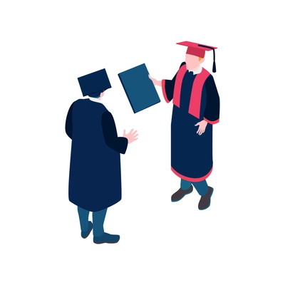 Isometric graduating students in caps and mantles 3d vector illustration