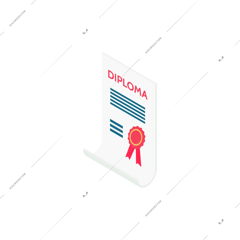 Isometric diploma with red seal 3d vector illustration