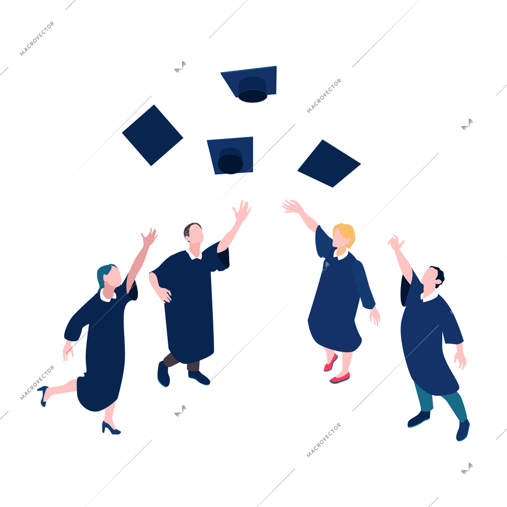 Cheerful graduating students throwing caps in air 3d isometric vector illustration