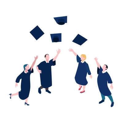 Cheerful graduating students throwing caps in air 3d isometric vector illustration