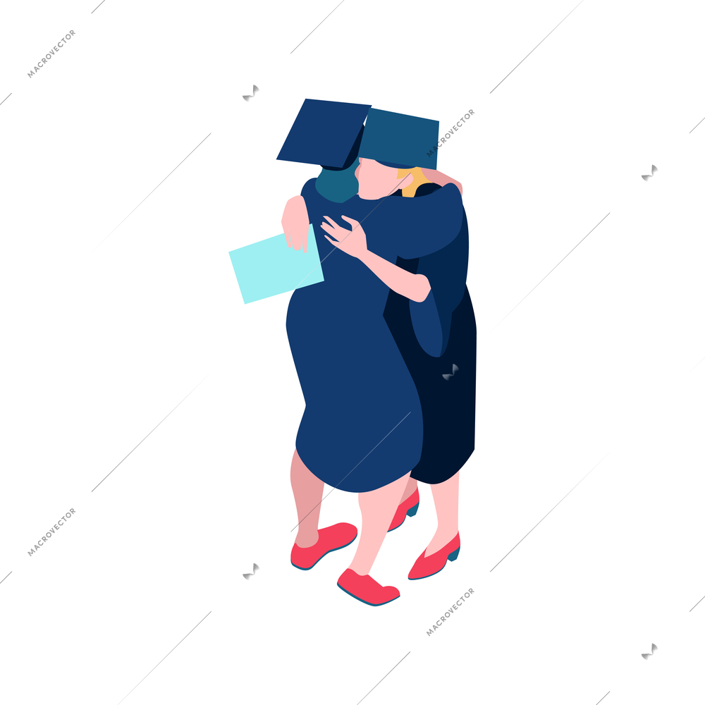 Isometric icon of happy graduating students hugging 3d vector illustration