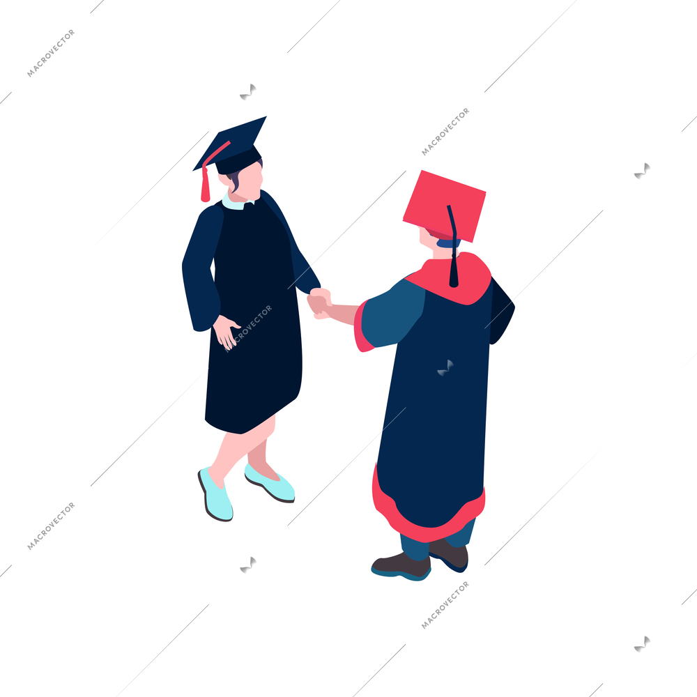 Student characters wearing graduation caps and mantles 3d icon isometric vector illustration