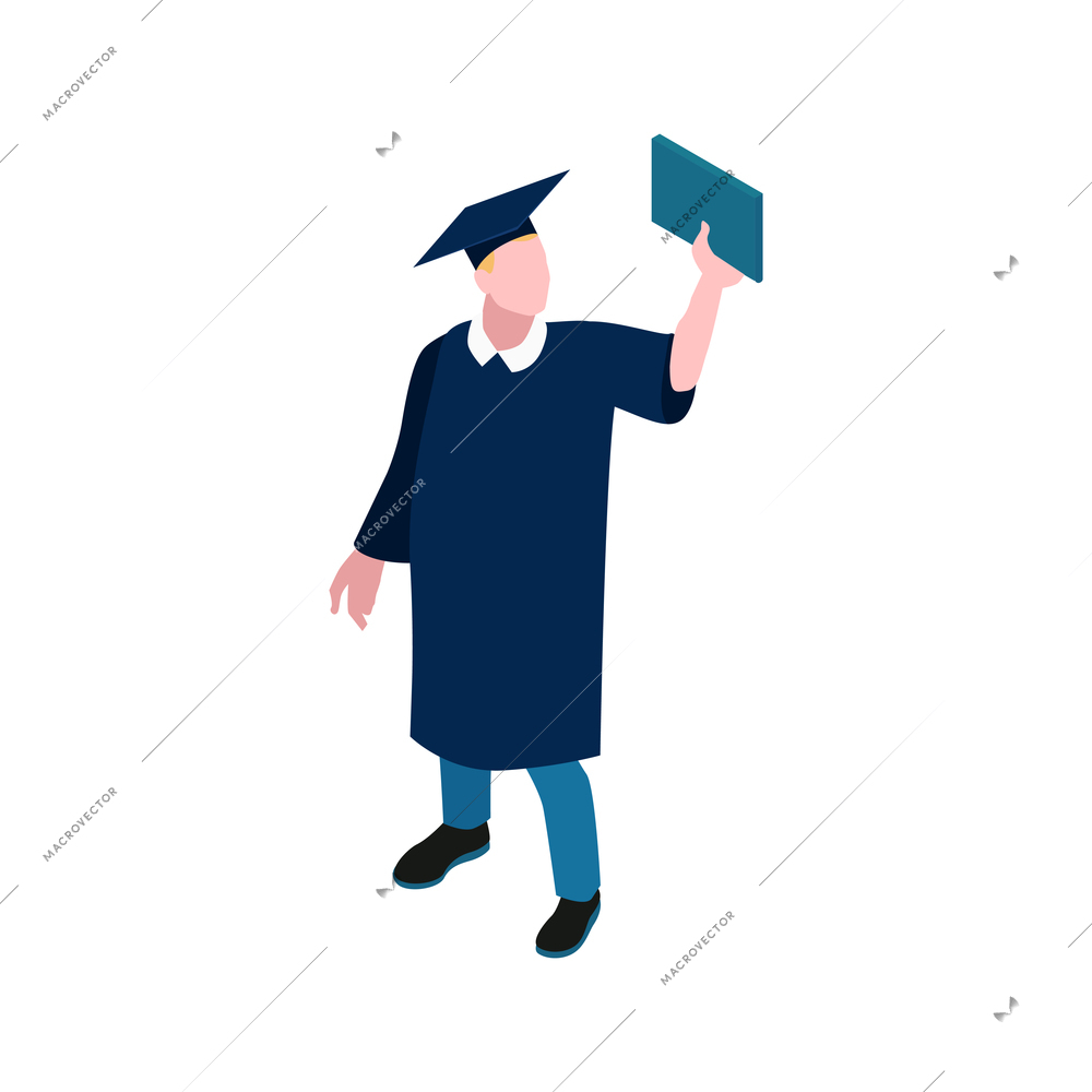 Isometric 3d icon of male graduating student in mantle and cap vector illustration