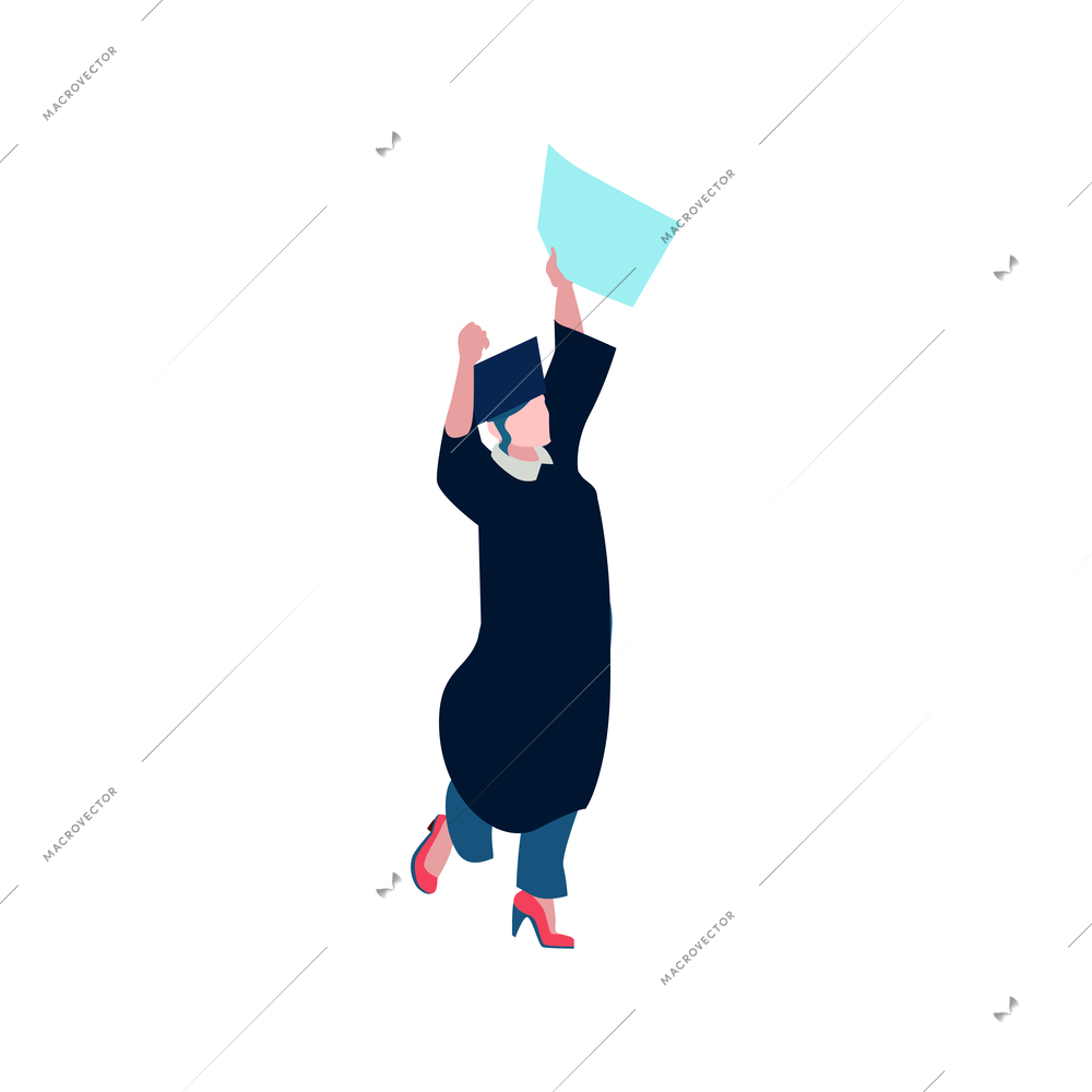 Happy graduating student with diploma 3d isometric icon vector illustration