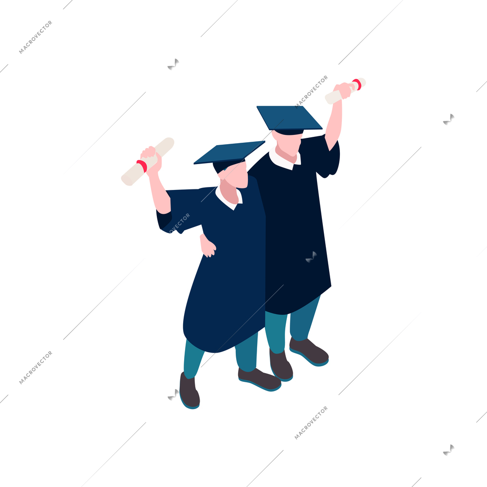 Happy high school students at graduation ceremony 3d isometric vector illustration