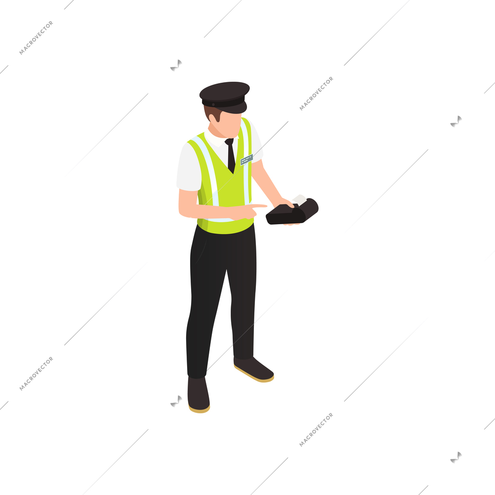 Parking zone staff character giving receipt isometric icon vectore illustration