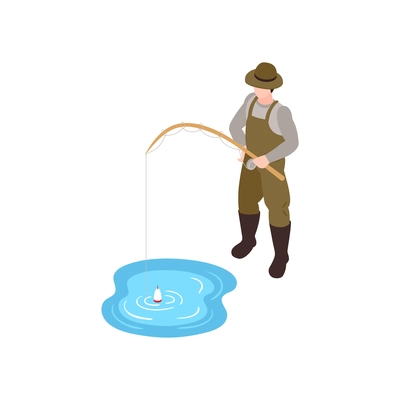 Fisherman with fishing rod isometric icon on white background vector illustration