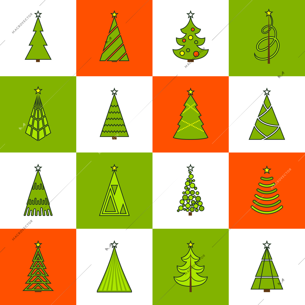 Christmas tree xmas celebration holiday flat line icons set isolated vector illustration