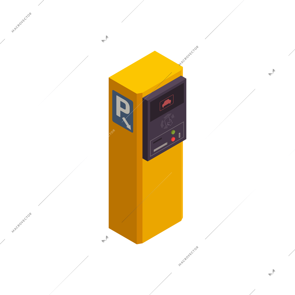 Isometric icon of parking payment station in yellow color vector illustration