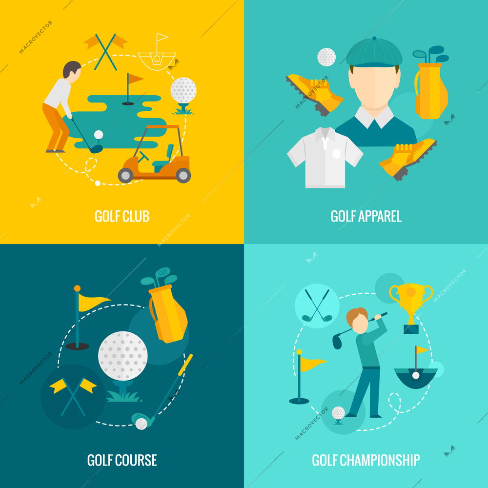 Golf club apparel course and championship flat icons set isolated vector illustration