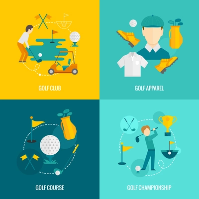 Golf club apparel course and championship flat icons set isolated vector illustration