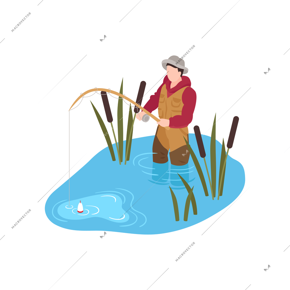 Isometric human character fishing in river 3d vector illustration