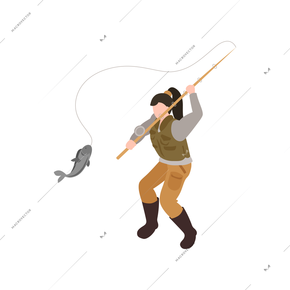 Fishing isometric icon with woman rod and caught fish 3d vector illustration