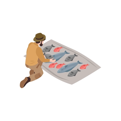 Fisherman and various kinds of caught fish 3d isometric vector illustration