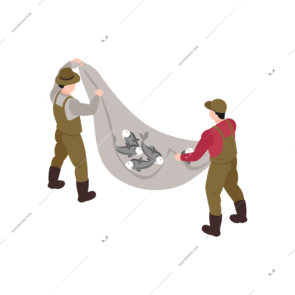 Isometric icon two fishermen holding net with caught fish 3d vector illustration