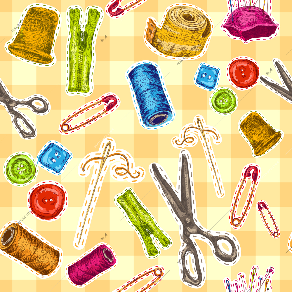 Sewing dressmaking and needlework accessories sketch seamless pattern vector illustration