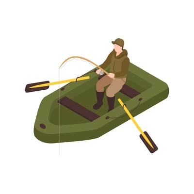 Fishing isometric icon with human character in boat on white background 3d vector illustration