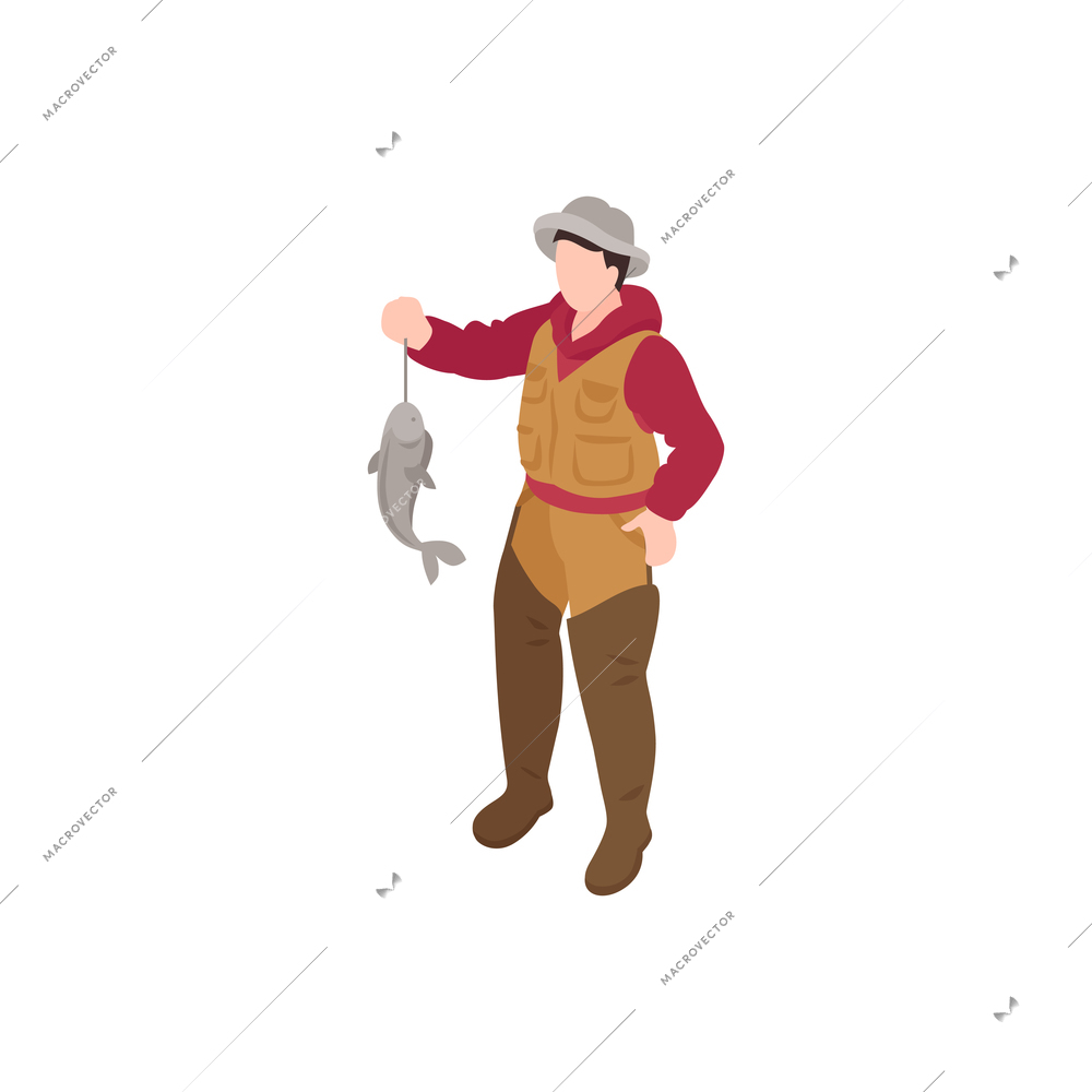 Fisherman holding caught fish isometric icon on white background 3d vector illustration