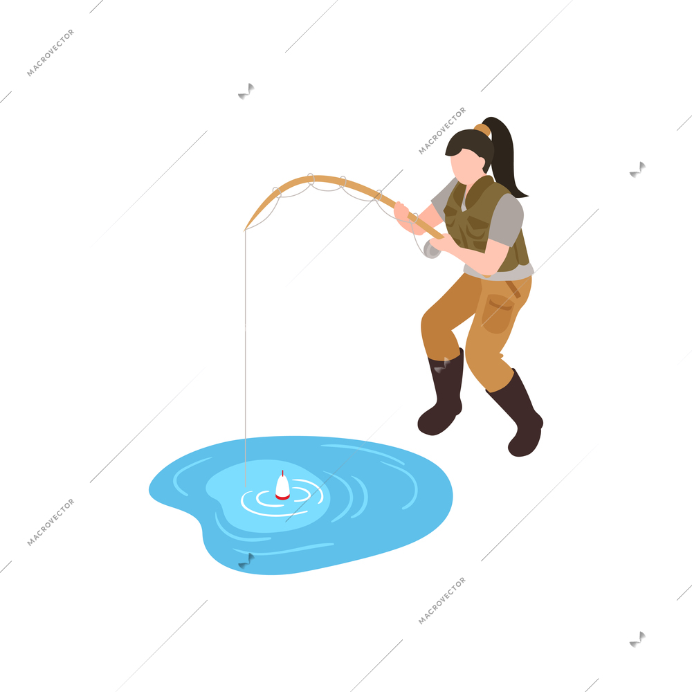 Woman fishing with rod 3d isometric vector illustration