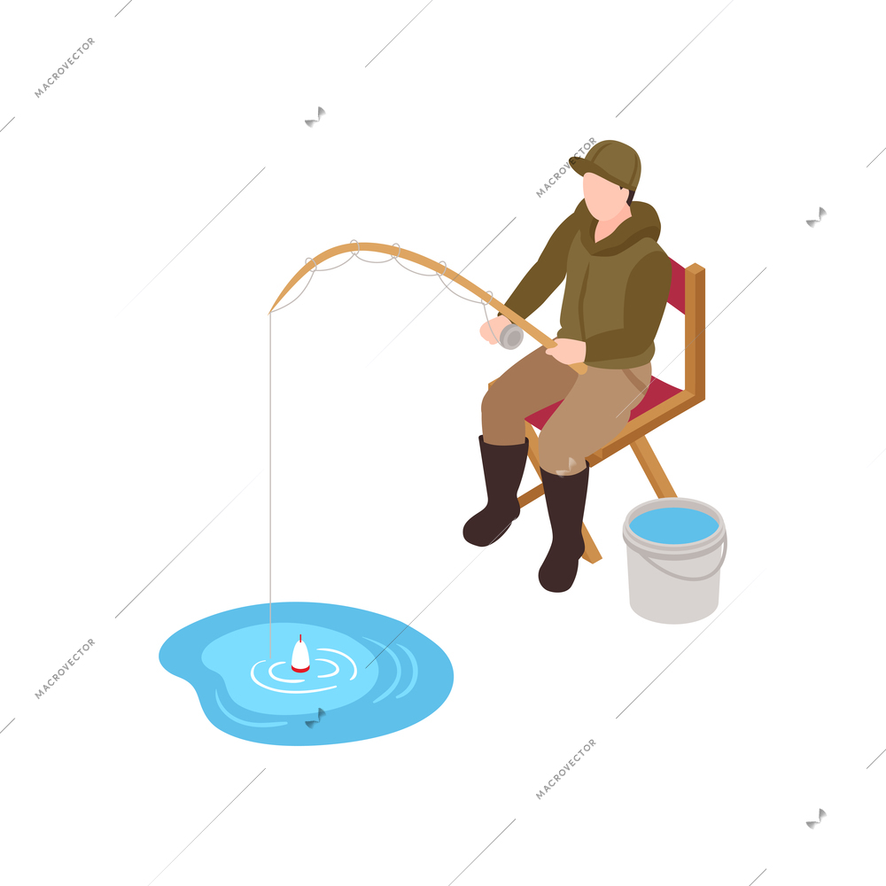 Isometric icon of fisherman sitting on chair with rod and bucket 3d vector illustration