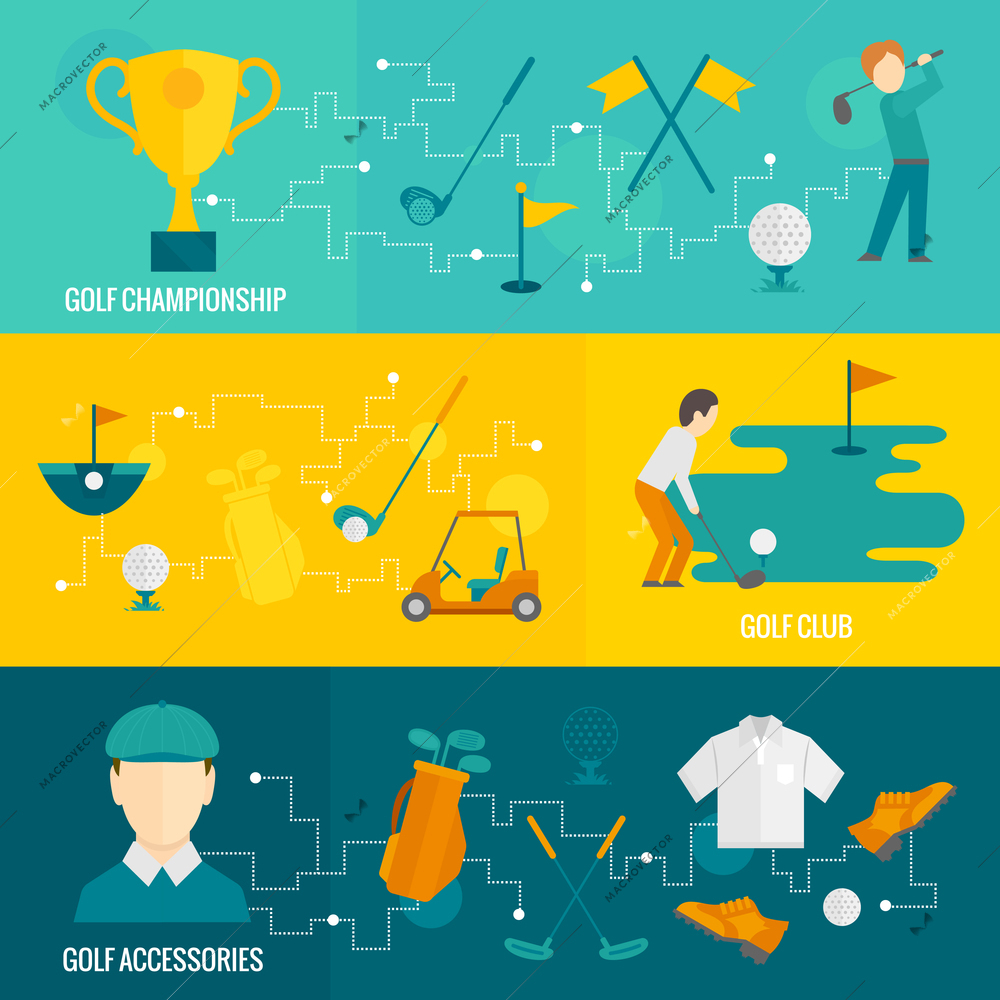 Golf club championship and accessories banner set isolated vector illustration