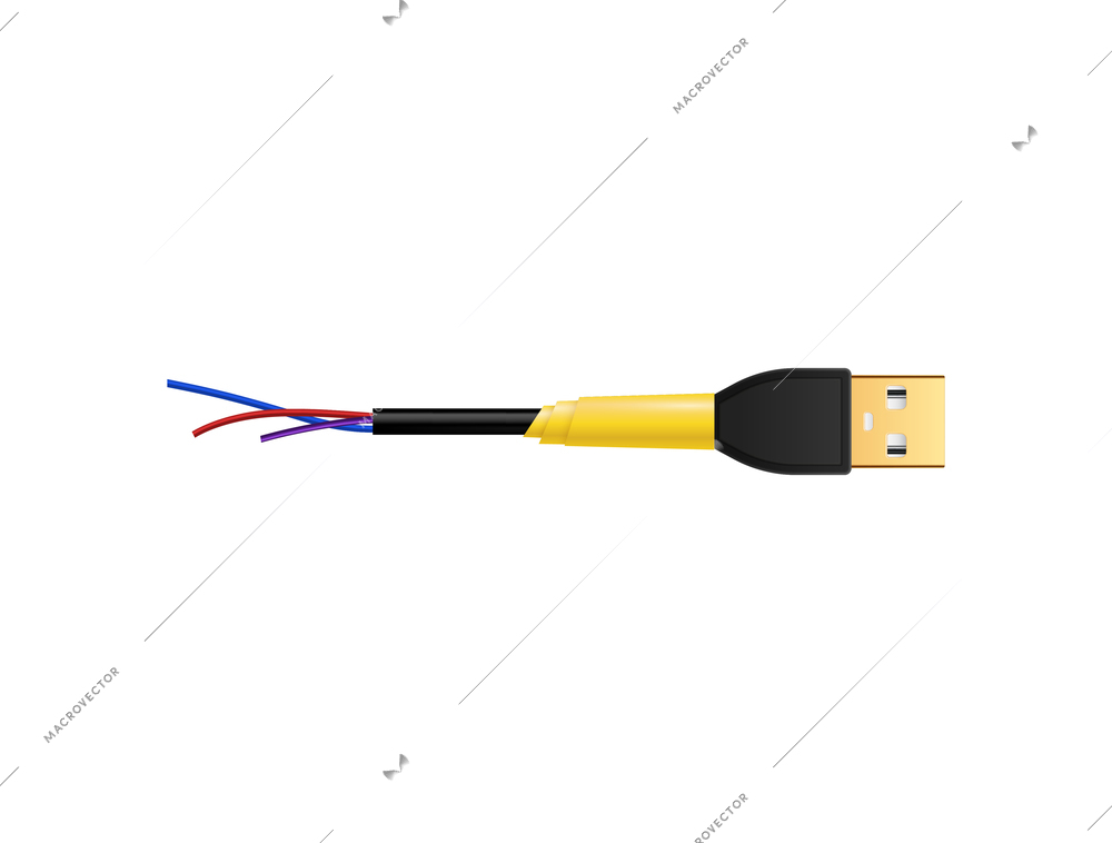 Part of damaged usb cable on white background realistic vector illustration