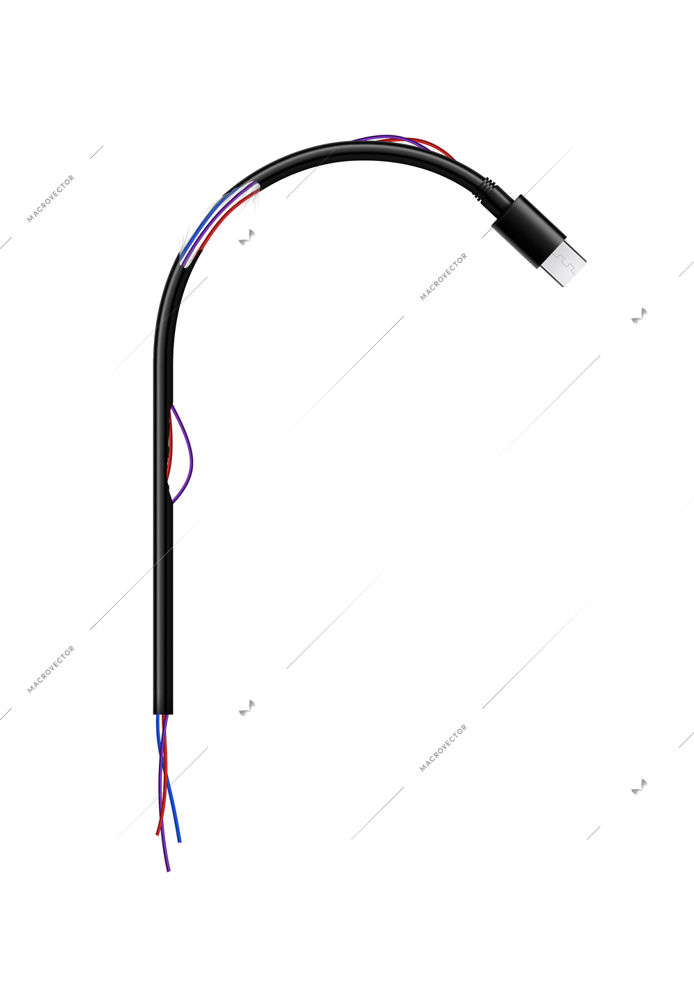 Realistic broken usb cable with naked wires vector illustration
