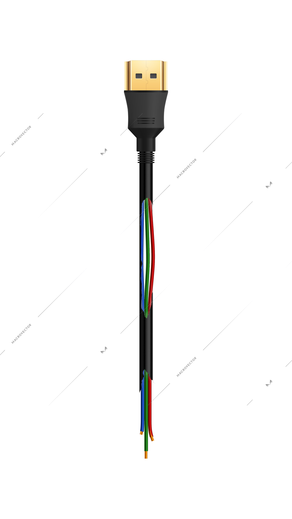 Realistic damaged usb cable on white background vector illustration