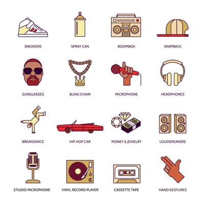 Rap hip-hop singing breakdance music flat line icons set isolated vector illustration