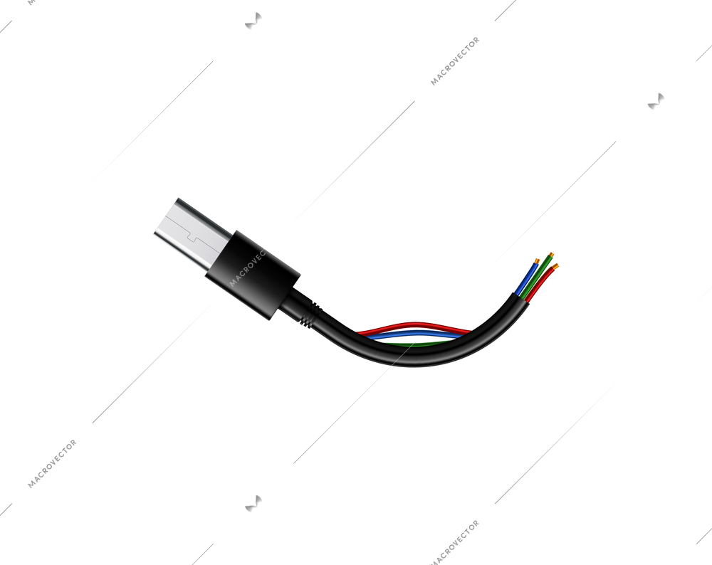 Damaged plug in cable with naked colorful wires realistic vector illustration