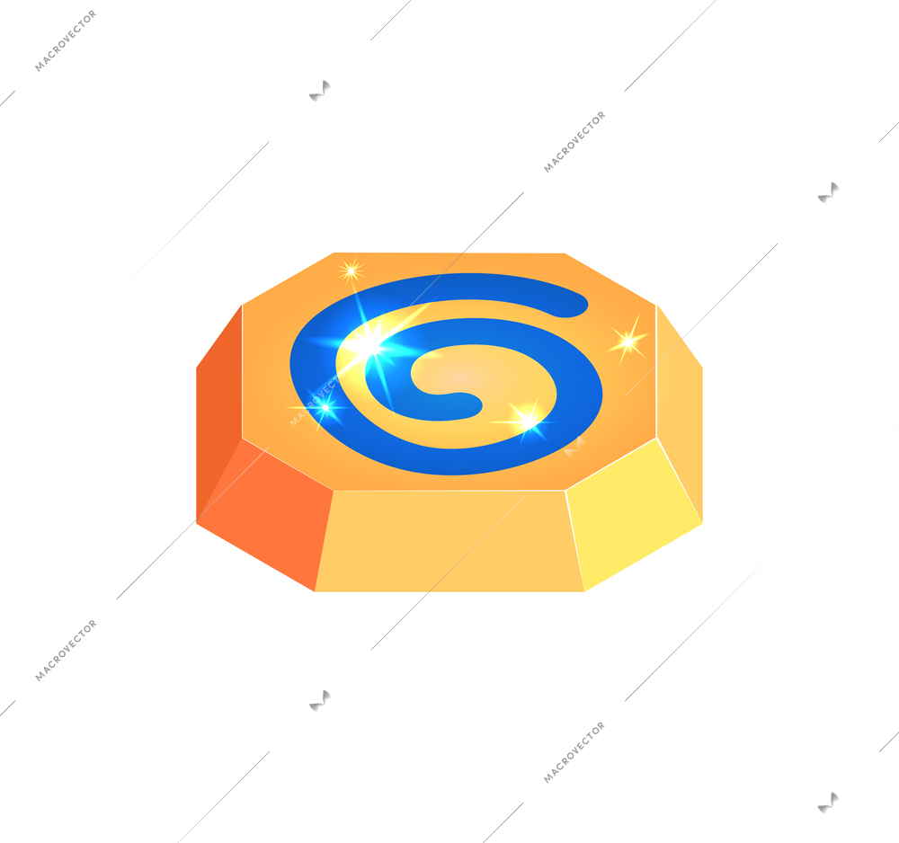 Isometric 3d sparkling stone with blue rune for game interface vector illustration