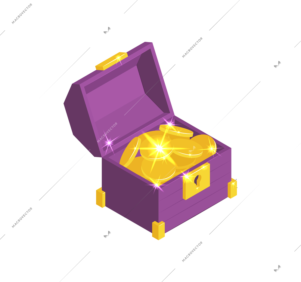 Isometric icon of purple game chest with gold coins 3d vector illustration