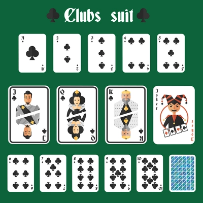 Playing cards clubs suit set joker and back isolated vector illustration