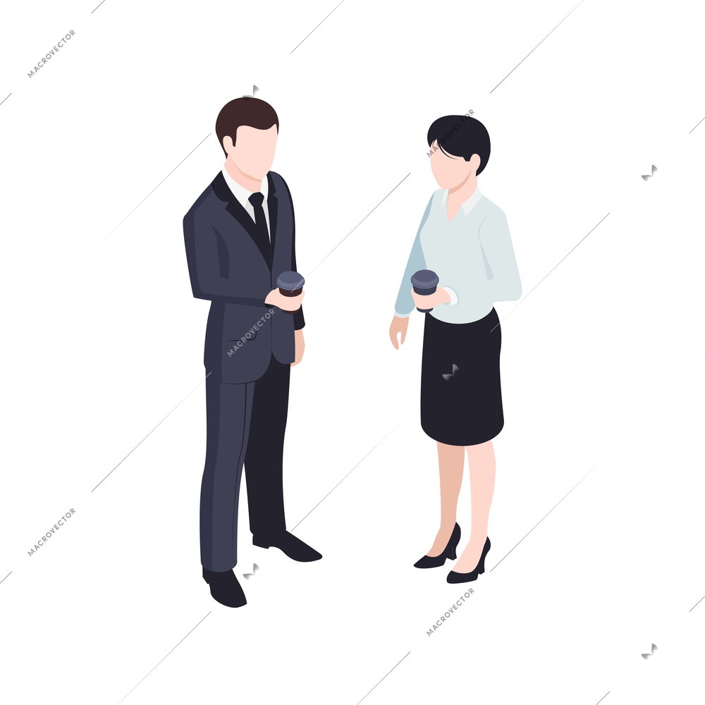 Business people man and woman with plastic cups of coffee 3d isometric isolated vector illustration