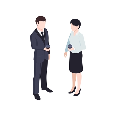 Business people man and woman with plastic cups of coffee 3d isometric isolated vector illustration