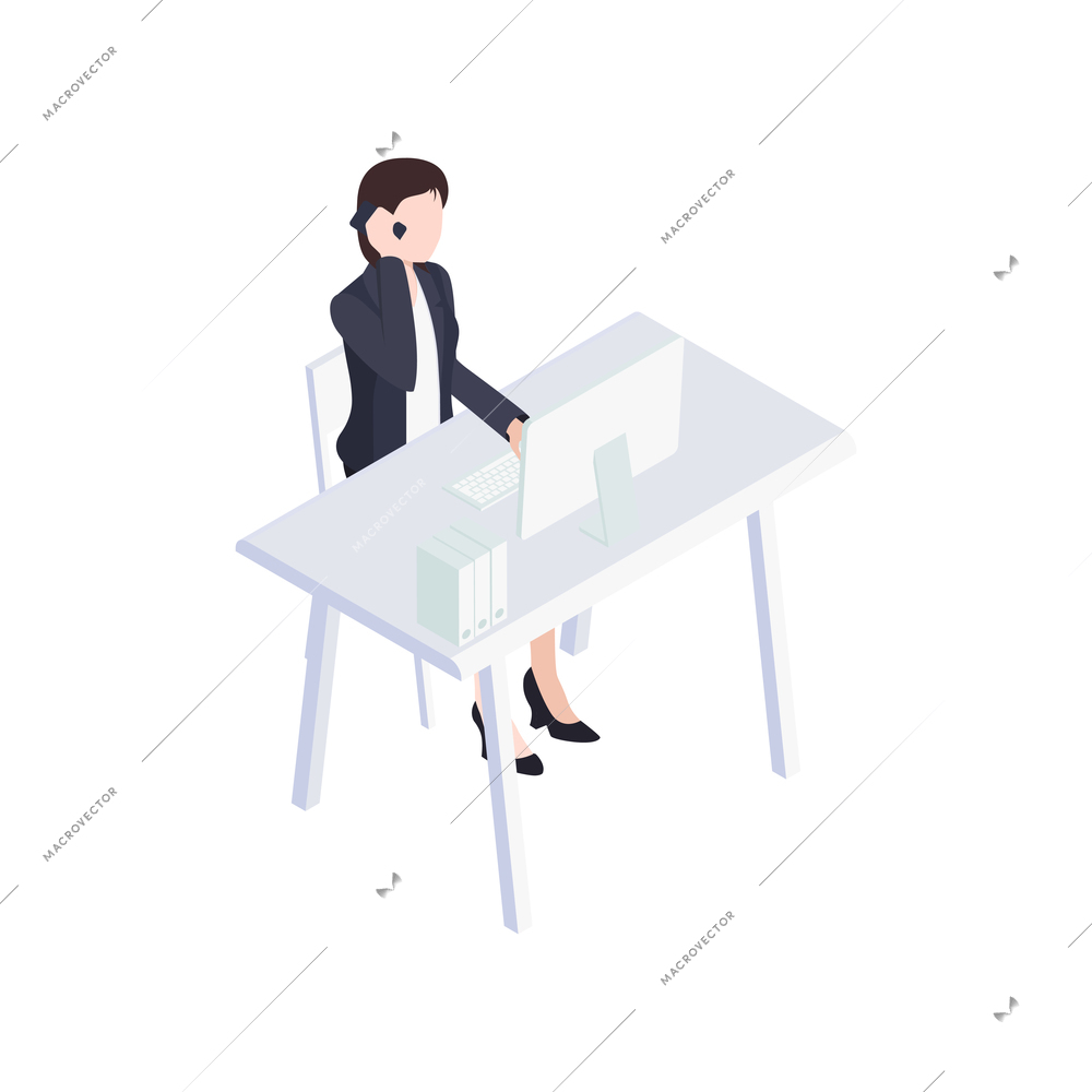 Isometric icon of business woman talking on phone at her work place 3d vector illustration