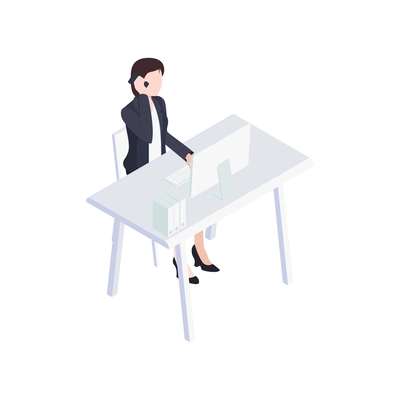 Isometric icon of business woman talking on phone at her work place 3d vector illustration