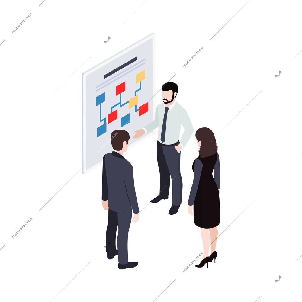 Isometric concept with group of business people looking at poster 3d vector illustration