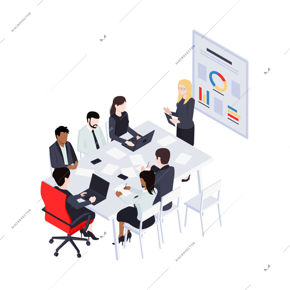 Business meeting with people sitting at office table 3d isometric vector illustration