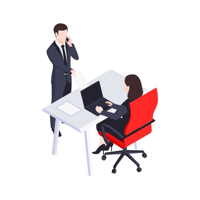 Isometric characters of business people in office 3d vector illustration