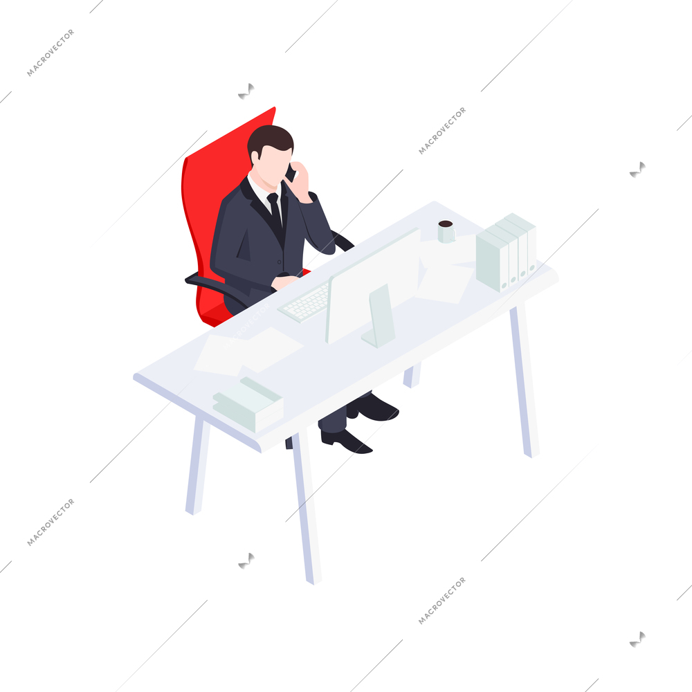 Businessman talking on phone sitting on red chair in office 3d icon isometric vector illustration