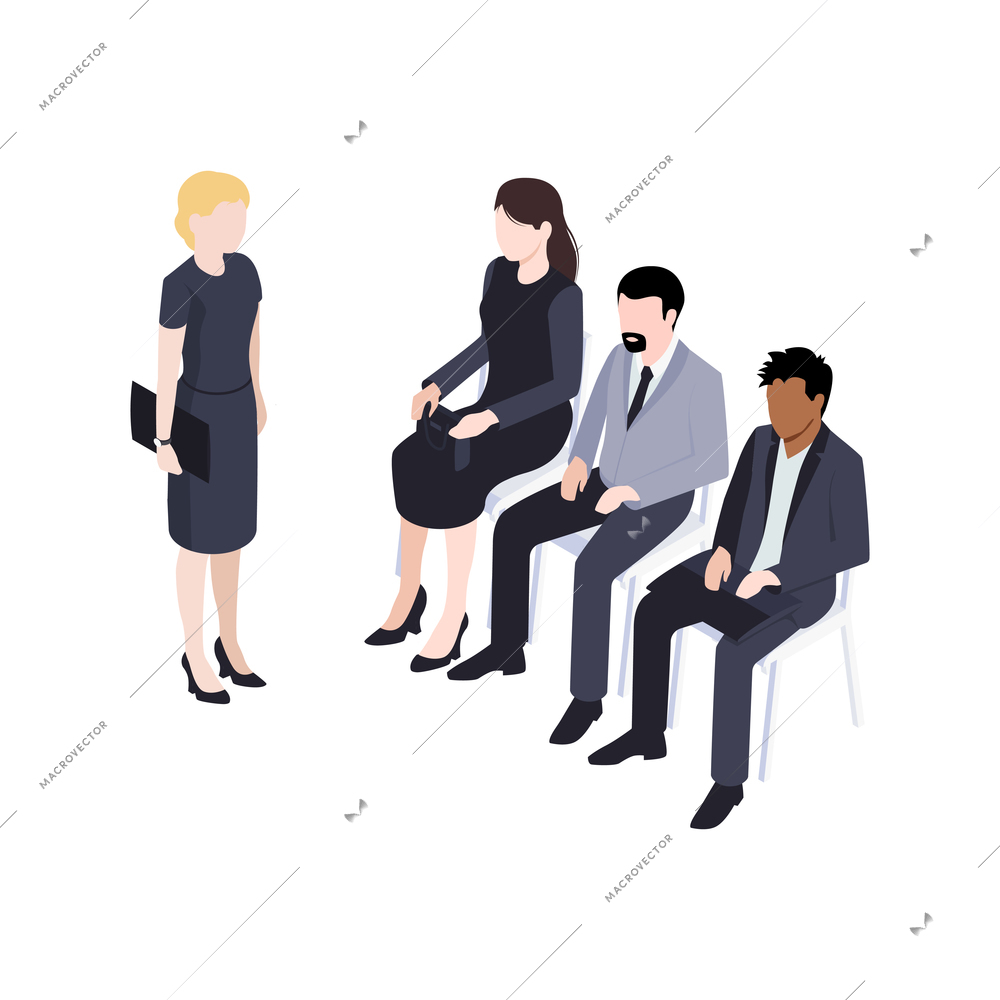 Meeting of male and female business people in office 3d isometric vector illustration