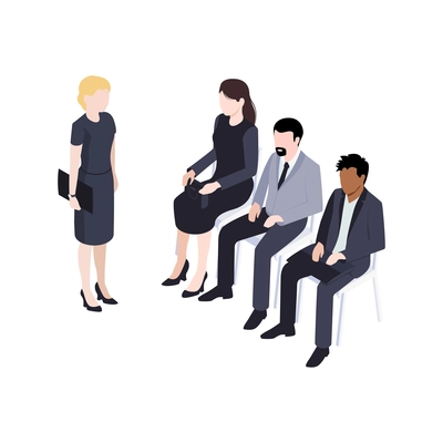 Meeting of male and female business people in office 3d isometric vector illustration