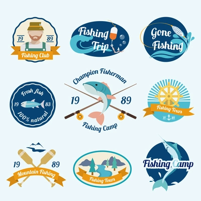 Fishing trip camps clubs outdoor tours label set isolated vector illustration