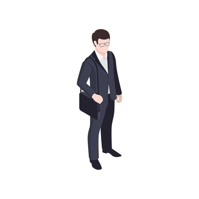 Businessman wearing suit and glasses with brief case isometric icon 3d vector illustration