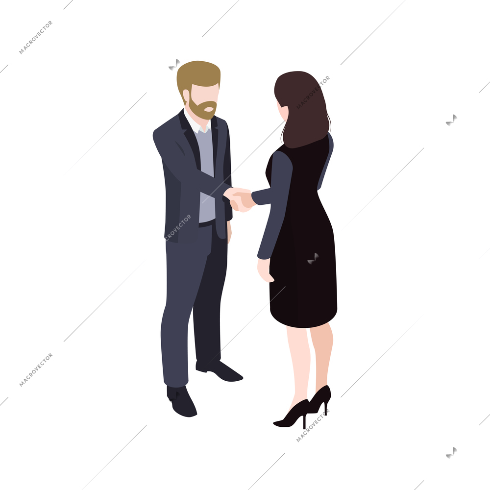 Two business man and woman shaking hands 3d isometric vector illustration