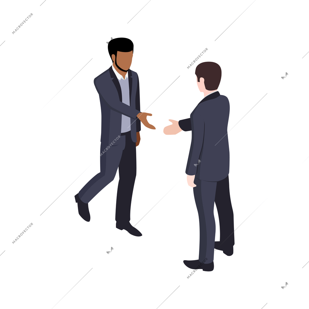 Isometric icon of two businessmen in suits greeting each other 3d vector illustration