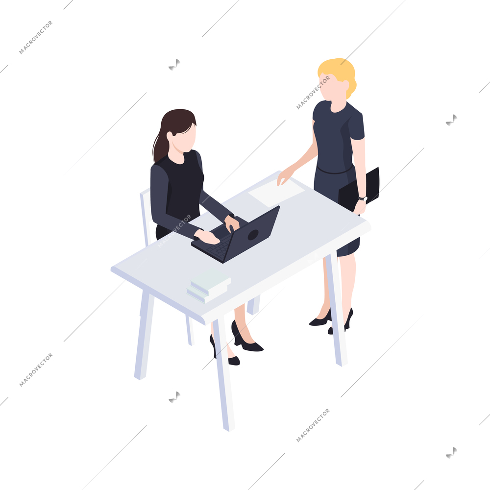 Two business women in office 3d isometric vector illustration